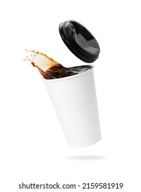 Takeaway Paper Cup With Splashing Coffee And Plastic Lid On White Background