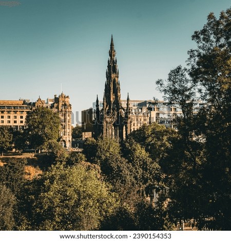 Taken from the mound, a picture of the skyline of Edinburgh's new town, with the Scott Monument in the midle.
