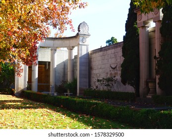 Taken On December 3, 2019 At Historic Mountain View Cemetery Ca 1863 In Oakland, CA, USA. View Is Northern End Of The Julia Morgan Designed Mausoleum In Oakland, CA