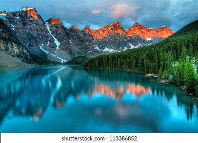 Taken at the peak of color during the morning sunrise at Moraine lake in Banff National park.