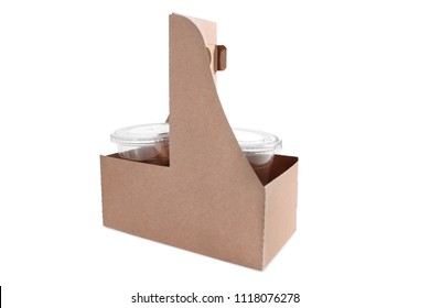 Take-out coffee in holder. Cardboard Cup holder on isolated white background.