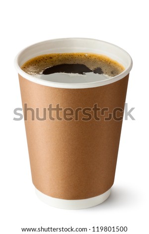 Take-out coffee in opened thermo cup. Isolated on a white.