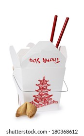 Takeout Container With Red Chopsticks And Fortune Cookie On White Background