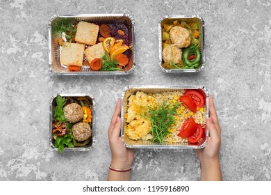 Takeout Food Menu, Assorted Healthy Meals With Hands Serving Up, Top View