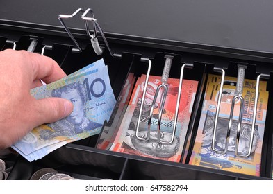 Taking An Australian Ten Dollar Note From A Cash Register