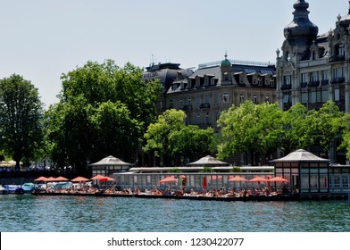 Taking A Bath In The Limmat River In The Middle Of The City Of Zürich At The Women Bath Next To Bauschänzli And Bellevue