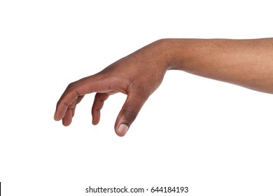 Taking. Black Male Hand Grab Some Items On White Isolated Background, Cutout, Copy Space