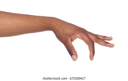 Taking. Black Male Hand Grab Some Items On White Isolated Background, Cutout, Copy Space