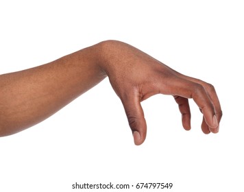 Taking. Black Male Hand Grab Some Items On White Isolated Background, Cutout, Copy Space