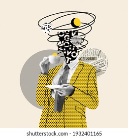 Taking A Break. Comics Styled Yellow Dotted Suit. Modern Design, Contemporary Art Collage. Inspiration, Idea Concept, Trendy Urban Magazine Style. Negative Space To Insert Your Text Or Ad.