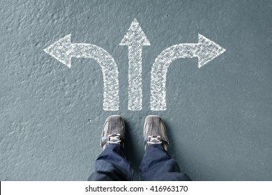 Taking Decisions For The Future Man Standing With Three Direction Arrow Choices, Left, Right Or Move Forward