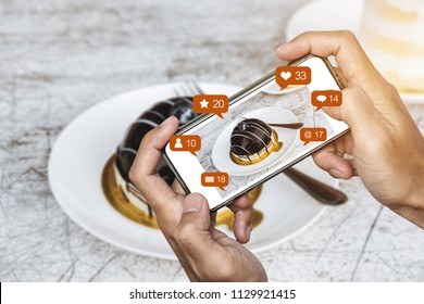 Taking Dessert Photograph By Mobile Smart Phone, And Sharing On Social Media, Social Network With Notification Icons