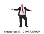 Taking dynamic break. Overweight man in black suit, white shirt and sunglasses, employee dancing, relaxing isolated on white background. Concept of business, leisure, achievement