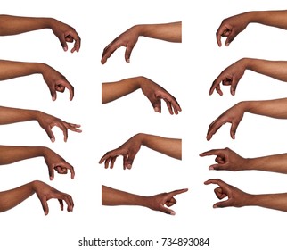 Taking, measuring. Set of black male hands grab some items. Isolated at white background