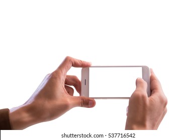 Taking Photo With Mobile Smart Phone Isolated On White Background