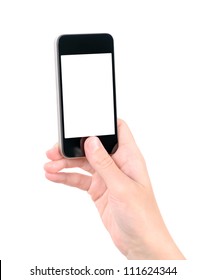 Taking photo on mobile phone concept. Hand holding mobile smart phone with blank screen. Isolated on white.