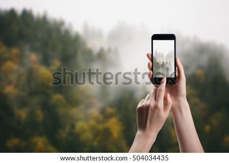 Taking picture of fog over fir trees in mountains
