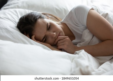 Taking Problems In Bed. Sad Depressed Millennial Female Lying On Her Side At Bed Spending Bad Night Alone Thinking Pondering Reflecting Suffering Lost In Heavy Thoughts After Breakup Cheating Divorce