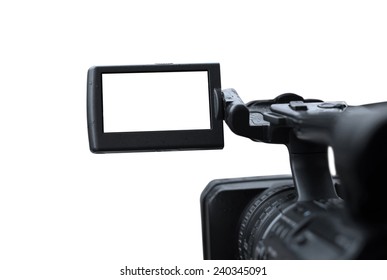 Taking Video Or Footage Using Professional Camera - Isolated On White With Blank Camera Screen.