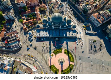 Taksim Mosque in the istiklal street.The new big Mosque in Taksim Square aerial drone shot