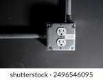 tal electrical outlet box mounted on a surface, featuring two electrical outlets. The box is connected to metal conduit pipes running in various directions. A white label is visible on the box,