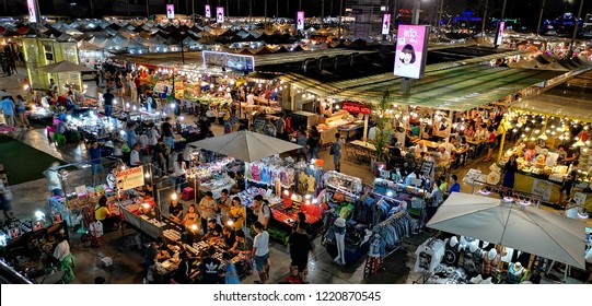 Talad Neon Night Market Lighted In Vibrant Color In Thailand, Bangkok On 28th August 2018