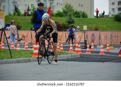 Taldykorgan, Zhetysu Region, Kazakhstan - May 21, 2022. Bicycle Race. Triathlon Start Of The Republican Level.