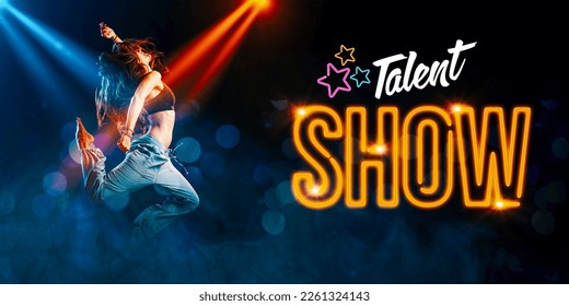 Talent show advertisement and young woman dancing, entertainment and contests concept