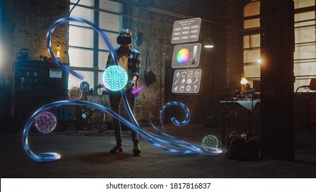 Talented Female Artist Wearing Augmented Reality Headset Working on Abstract 3D Sculpture with Controllers, Uses Gestures To Create Multimedia Internet Concept Art. 3D Animation Special Effect