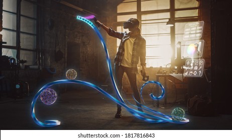 Talented Female Artist Wearing Augmented Reality Headset Working on Abstract 3D Sculpture with Controllers, Uses Gestures To Create Multimedia Internet Concept Art. 3D Animation Special Effect