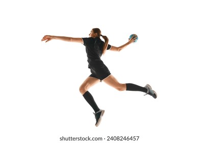 Talented handball player, female sportsman practicing techniques, capturing intensity of sport against white studio background. Concept of hobby, movement, dynamic, active lifestyle, championship. - Powered by Shutterstock