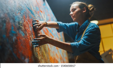 Talented Innovative Female Artist Draws with Her Hands on the Large Canvas, Using Fingers She Creates Colorful, Emotional, Sensual Oil Painting. Contemporary Painter Creating Abstract Modern Art