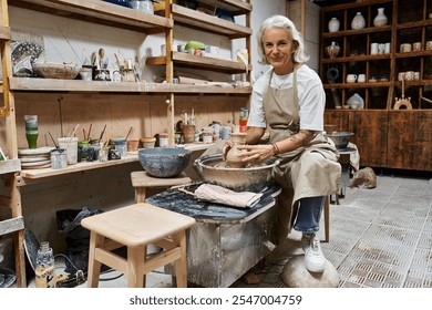 A talented mature woman expertly molds clay in her inviting pottery studio, surrounded by tools. - Powered by Shutterstock