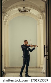 talented professional caucasian male violinist play in the hall, practice before performance. classical music concept. man in suit perform music using violin