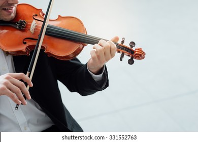 Talented Violinist And Classical Music Player Solo Performance, Blank Copy Space On The Right