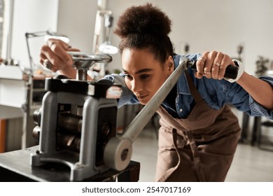 A talented woman focuses intently on her jewelry making process using precision tools. - Powered by Shutterstock