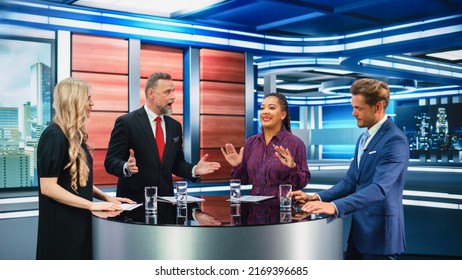 Talk Show TV Program: Four Diverse Specialists, Experts, Guests, Presenter, Host Discuss and Argue about Politics, Economy, Science, News. Mock-up Television Cable Channel Studio Debate - Shutterstock ID 2169396685