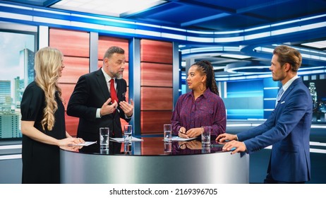 Talk Show TV Program: Four Diverse Specialists, Experts, Guests, Presenter, Host Discuss and Argue about Politics, Economy, Science, News. Mock-up Television Cable Channel Studio Debate - Shutterstock ID 2169396705