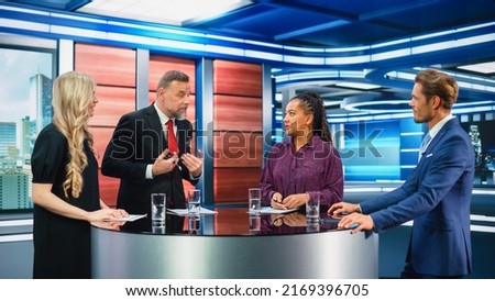 Talk Show TV Program: Four Diverse Specialists, Experts, Guests, Presenter, Host Discuss and Argue about Politics, Economy, Science, News. Mock-up Television Cable Channel Studio Debate