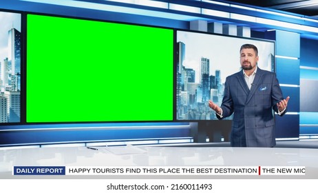 Talk Show TV Program: Handsome White Male Presenter Standing In Newsroom Studio, Uses Big Green Chroma Key Screen. News Achor, Host Talks About News, Weather. Mock-up Cable Channel Concept.