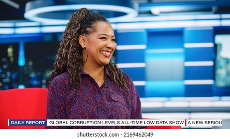 Talk Show TV Program, News Discussion: Beautiful Black Female Presenter Talks, Listens To Guests. Cable Channel Hosts Have Friendly Conversation. Mockup Television Studio And Entertainment Concept