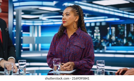 Talk Show TV Program: Portrait Of Black Female Expert Argues With Other Guests, Presenter, Host About Politics, Economy, Science, News. Mock-up Cable Channel Studio Debate. Real Television Concept