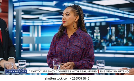 Talk Show TV Program: Portrait Of Black Female Expert Argues With Other Guests, Presenter, Host About Politics, Economy, Science, News. Mock-up Cable Channel Studio Debate. Real Television Concept