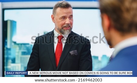 Talk Show TV Program: Portrait of White Male Expert Argues with other Guests, Presenter, Host about Politics, Economy, Science, News. Mock-up Cable Channel Studio Debate. Real Television Concept