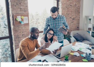 Talk speak company tablet laptop computer device point showing proposition tips action read check account contract agreement building team concept. Three friends developing steps in business career - Shutterstock ID 1096028456