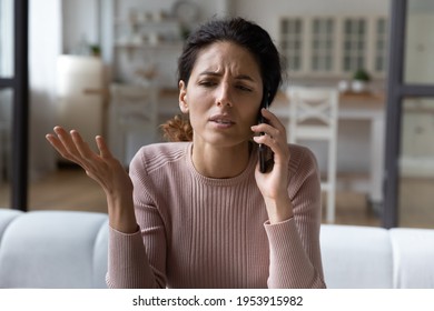 Talking About Problems. Sad Young Hispanic Female Hold Phone To Ear Discuss Bad News With Friend Share Emotional Stress. Concerned Female Patient Call Doctor Speak On Health Complaints Ask For Advice