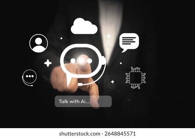 Talking with Artificial intelligence concept background, touching, floating cloud, message, ai, ai chatbot
