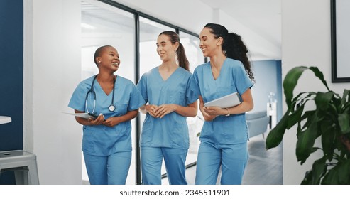 Talking nurses, walking and documents in hospital teamwork, diversity collaboration or bonding on surgery or clinic break. Smile, happy and healthcare women with medical research, paper or funny joke - Powered by Shutterstock