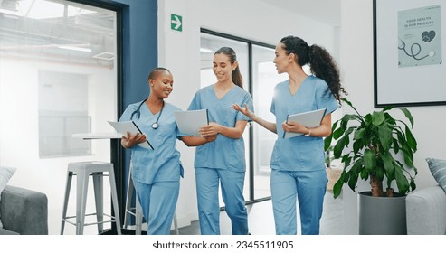 Talking nurses, walking and documents in hospital teamwork, diversity collaboration or bonding on surgery or clinic break. Smile, happy and healthcare women with medical research, paper or funny joke - Powered by Shutterstock