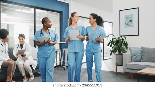 Talking nurses, walking and documents in hospital teamwork, diversity collaboration or bonding on surgery or clinic break. Smile, happy and healthcare women with medical research, paper or funny joke - Powered by Shutterstock